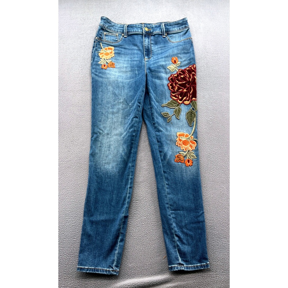 Chico's Jegging Jeans Women's 10R Floral Embroidered Velvet Denim Boho Festival